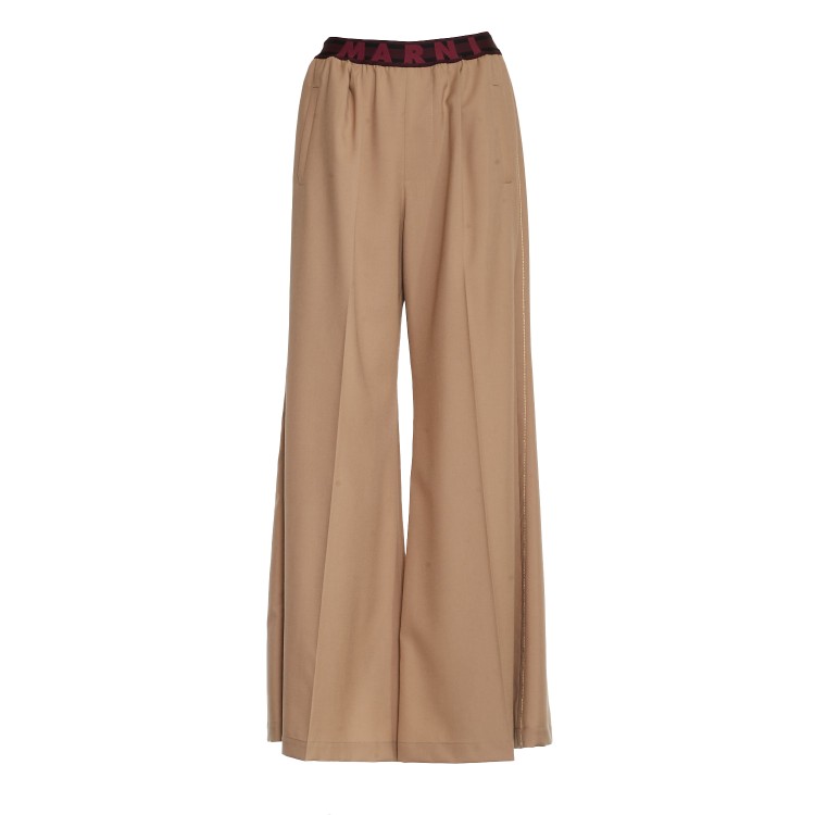 Shop Marni Wool Flared Trousers With Logo At Waistband In Neutrals