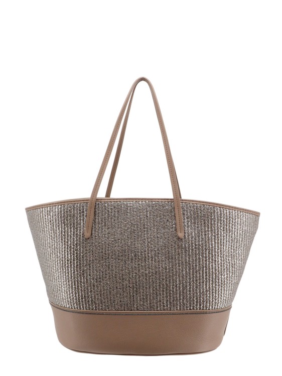 Shop Brunello Cucinelli Straw And Leather Shoulder Bag With Laminated Effect In Grey