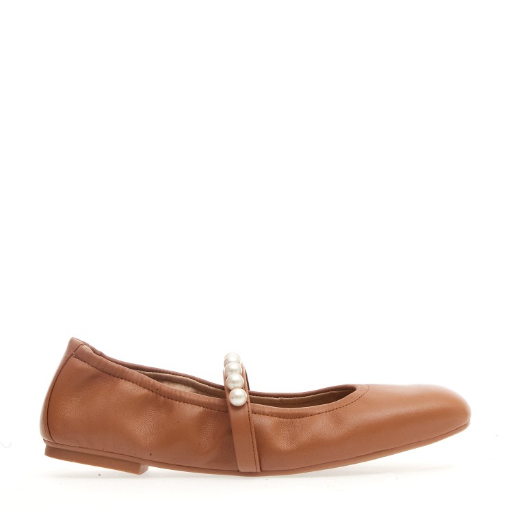 Shop Stuart Weitzman Leather Ballet Flat With Pearl Strap In Brown