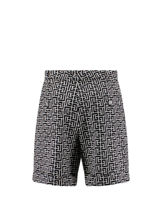 Shop Balmain Wool Bermuda Shorts With All-over Monogram In Grey