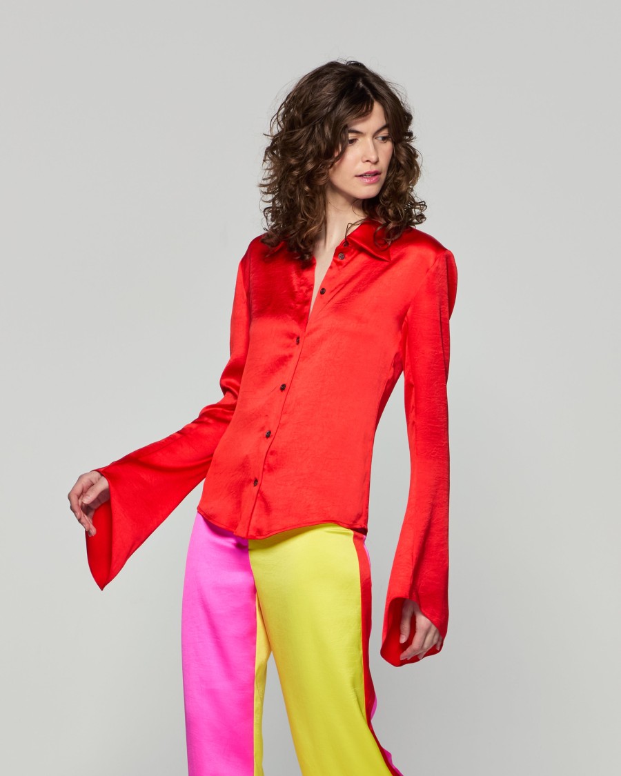 Serena Bute Flared Sleeve Shirt - Bright Red In Red