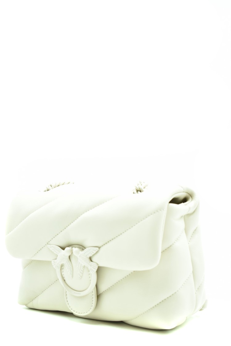 Pinko Leather Shoulder Bag With Intricate Design And Chain Strap In White
