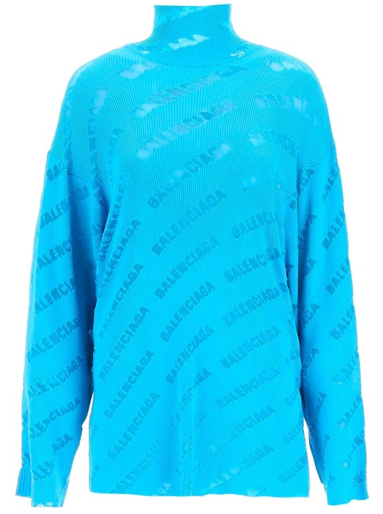 Shop Balenciaga Logo Oversize Turtleneck Sweater In Blue