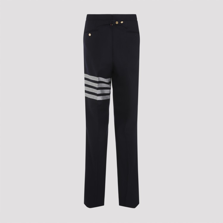 Shop Thom Browne Low Rise Drop Crotch Backstrap Navy Blue Wool Trousers In Black