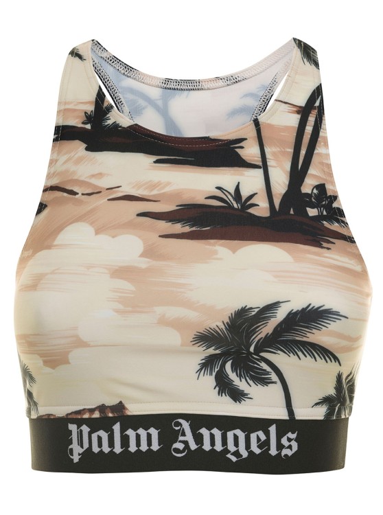 PALM ANGELS BEIGE SPORTS BRA WITH MIAMI PRINT AND ELASTIC BAND IN STRETCH FABRIC