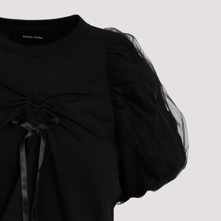 Shop Simone Rocha Black Cotton Cropped Ruched Bow T-shirt