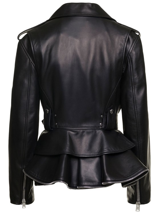 Shop Alexander Mcqueen Black Biker Jacket With Peplum Hem And Belt In Smooth Leather