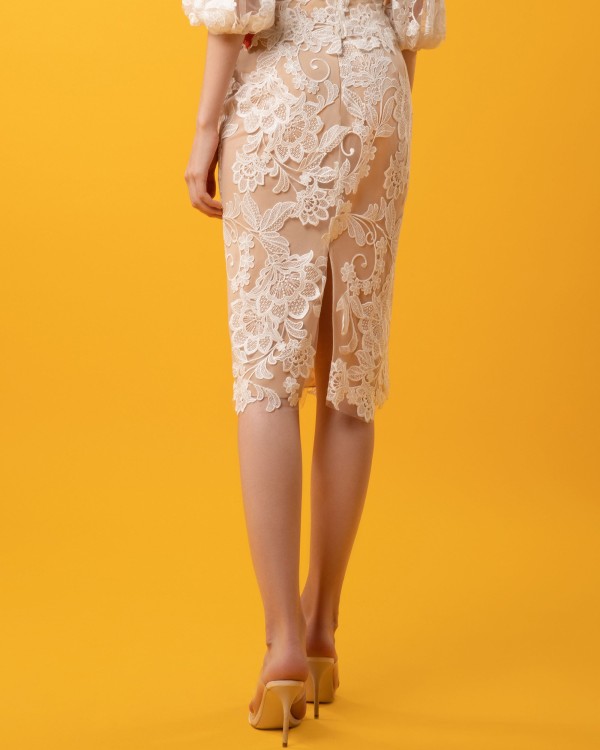 Shop Gemy Maalouf Floral Lace Skirt - Short Skirts In Neutrals
