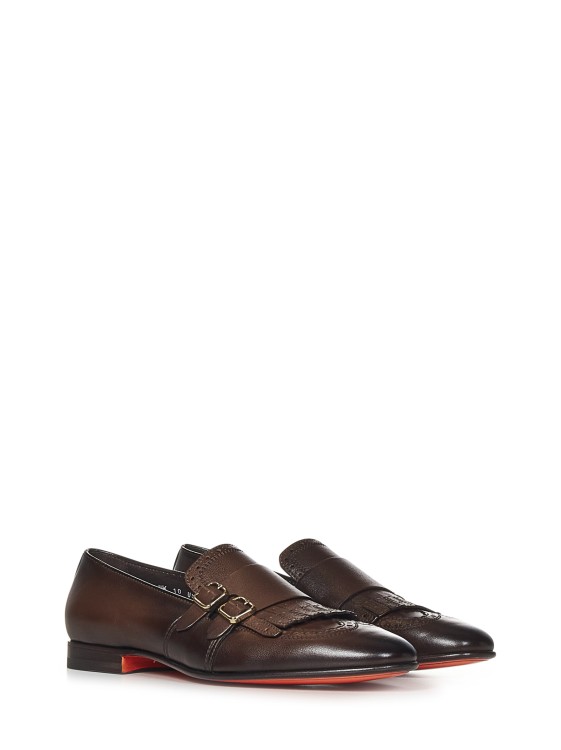 Shop Santoni Double-buckle Dark Brown Leather Loafers