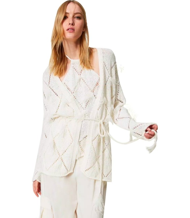 Shop Twinset Off-white Cardigan With Feathers In Neutrals