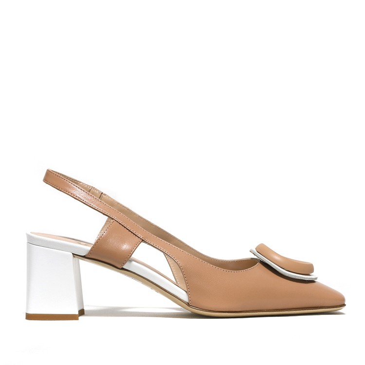 Elata Slingback In Soft Beige Leather With Two-tone Macaron Buckle In Neutrals