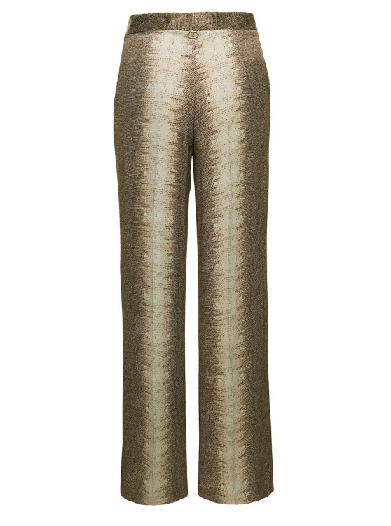 Shop Twinset Beige High-waisted Pants With Animalier Print In Viscose In Gold