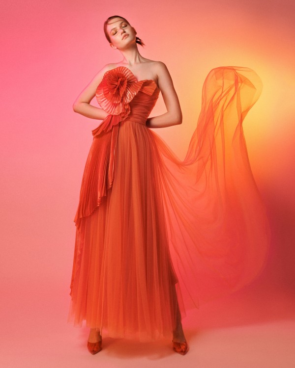 Shop Gemy Maalouf Drapped Flower Strapless Dress - Long Dresses In Orange