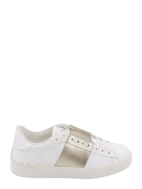 Shop Valentino Leather Sneakers With Metallized Band In White