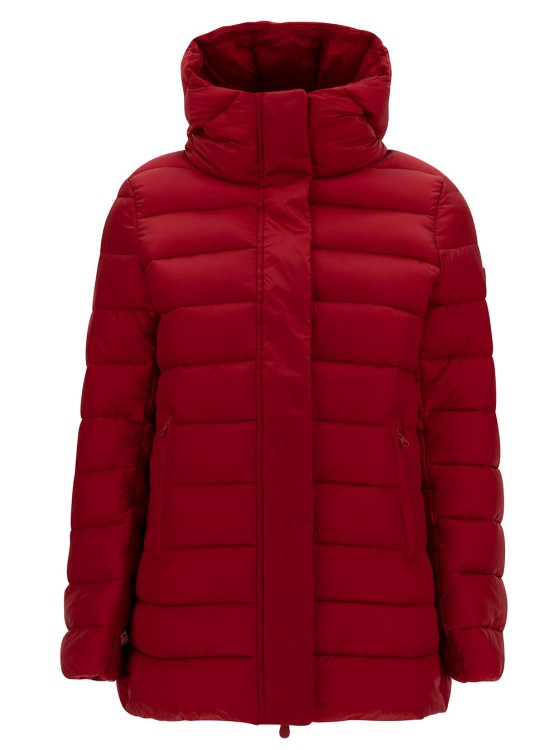 Shop Save The Duck Drimia' Long Red Down Jacket With Tonal Logo Patch In Shiny Leather