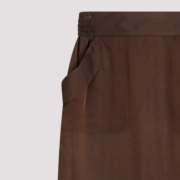 Saint Laurent Sheer Silk Midi Skirt With Elastic Waistband In Brown