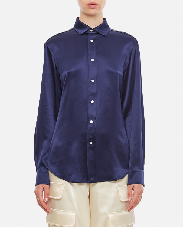 Shop Polo Ralph Lauren Long Sleeve Button Front Silk Shirt In Grey