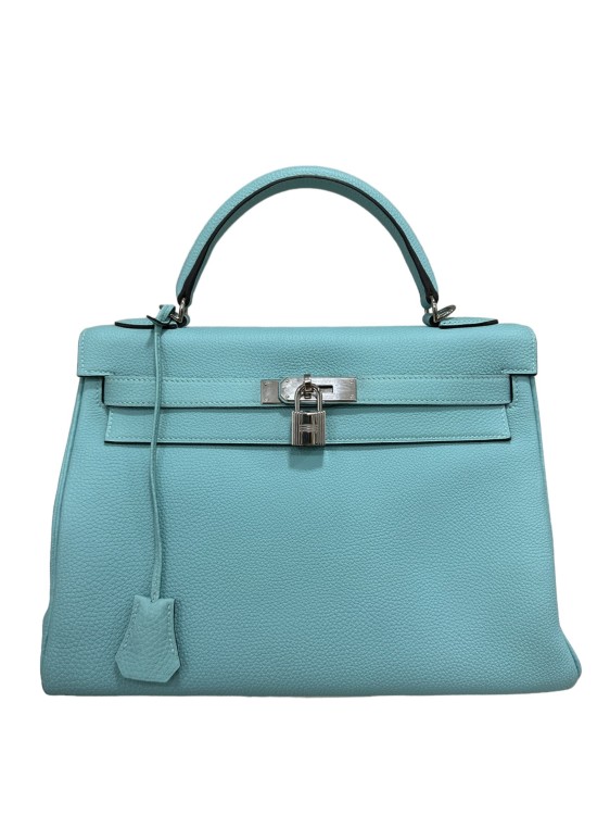 Shop Hermes Kelly 32 Clemence Blue Atoll