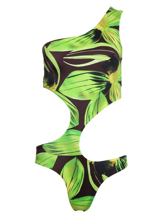 Louisa Ballou Green Leaf Print One Shoulder Swimsuit In Green