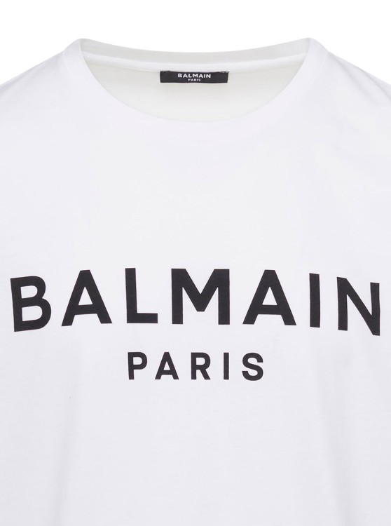 Shop Balmain White Crewneck T-shirt With Contrasting Logo Lettering Print In Cotton
