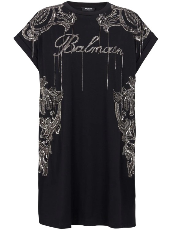 Balmain Signature Embroidered Chains T-shirt Dress In Black