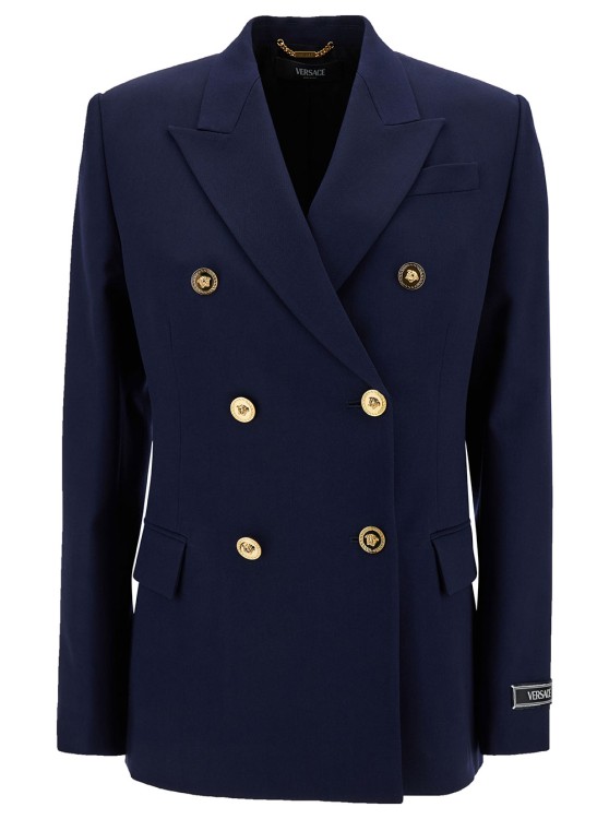 Shop Versace Blue Double-breasted Jacket With Medusa Buttons In Stretch Wool