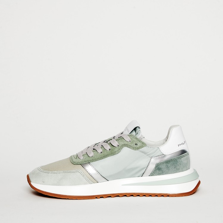Shop Philippe Model Suede And Green Fabric Sneakers In White
