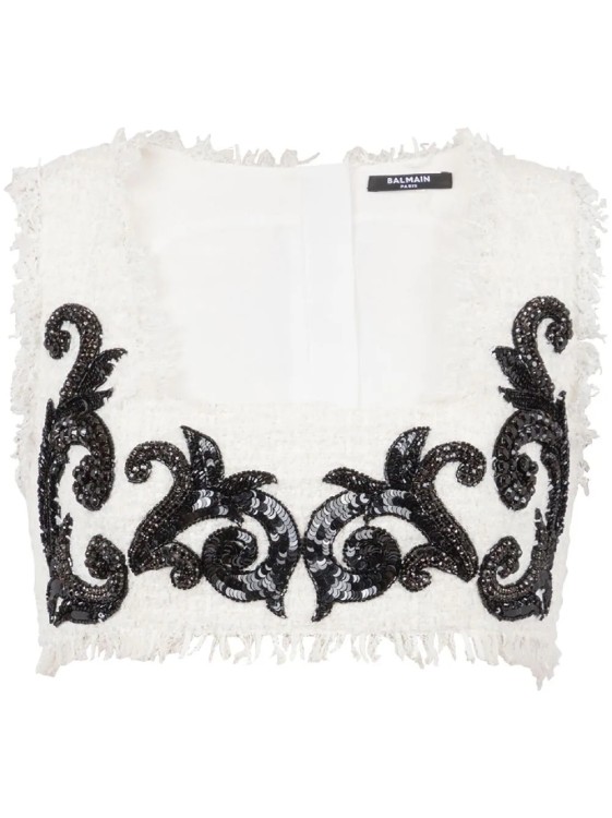 Balmain Baroque Embroidered Tweed Crop Top In White