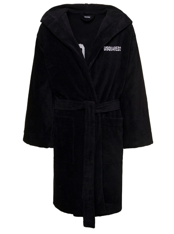 Dsquared2 Black Hooded Bathrobe With Embroidered Logo In Cotton