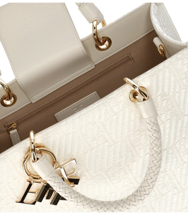 Shop Elisabetta Franchi Ivory Jacquard Raffia Handbag In Neutrals