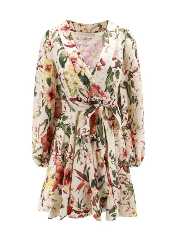 Shop Zimmermann Linen Dress With Floral Print In Multicolor