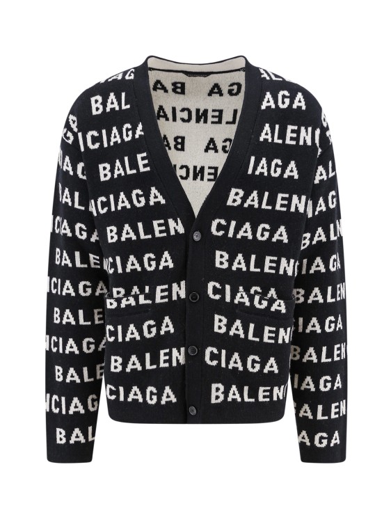 Balenciaga Cardigan With All-over Logo Intarsia In Black