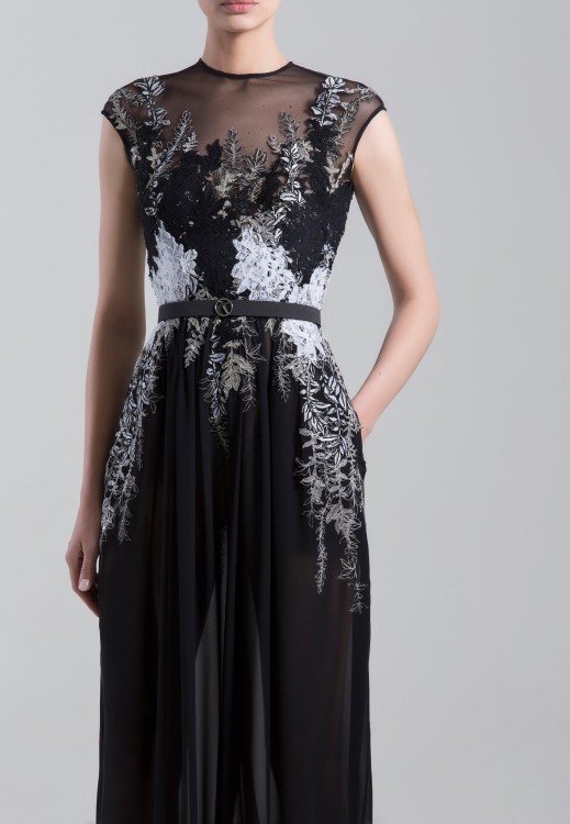 Shop Saiid Kobeisy Embroidered Sleeveless, Crepe Georgette Jumpsuit With A Thin Belt In Black