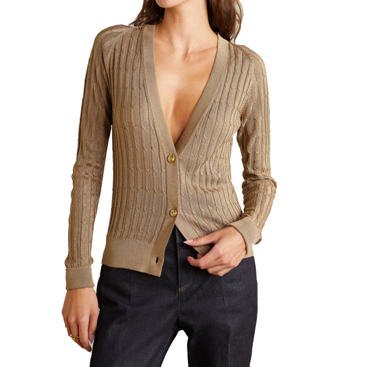 Shop Saint Laurent Metallic Cable-knit Cardigan In Brown