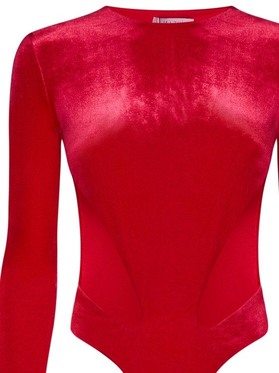 Shop Amazuìn Long-sleeved Laquer Red Stretch Velvet Bodysuit