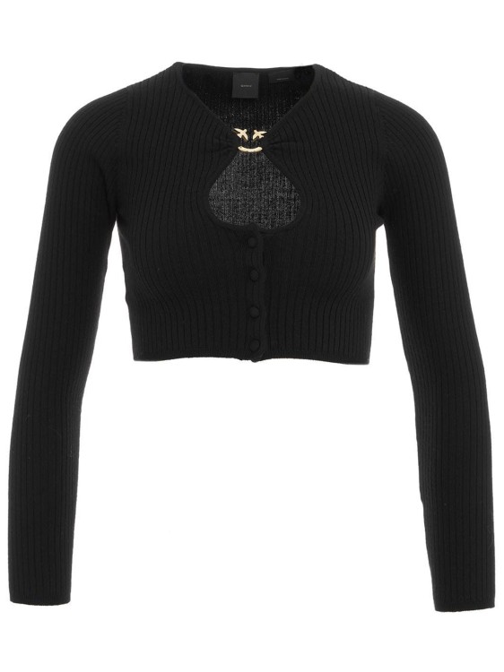 Pinko Cut-out Ribbed-knit Cropped Cardigan In Black