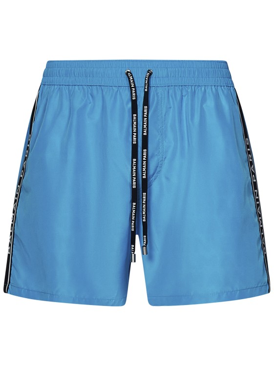 Shop Balmain Turquoise Nylon Swim Shorts In Blue