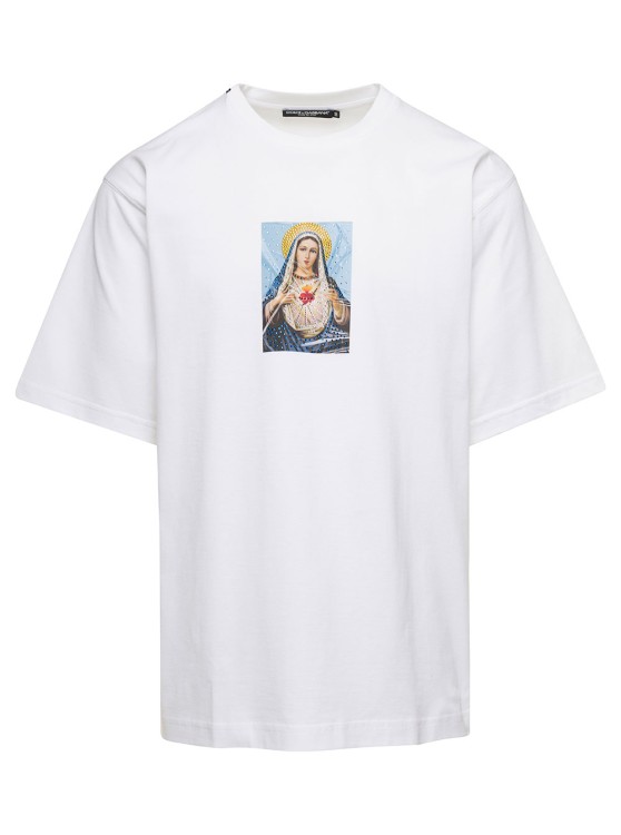 Shop Dolce & Gabbana White Crewneck T-shirt With Print And Fusible Rhinestone In Cotton