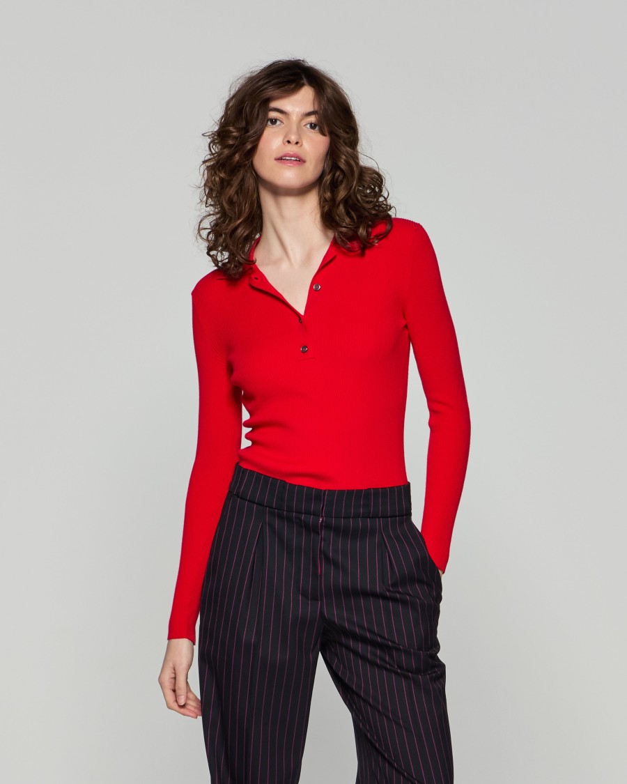 Shop Serena Bute Ribbed Henley Top - Red