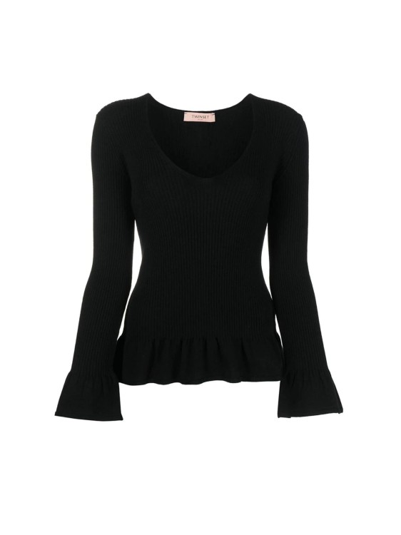 Shop Twinset Soft Viscose Fabric Sweater With Ruffles In Black