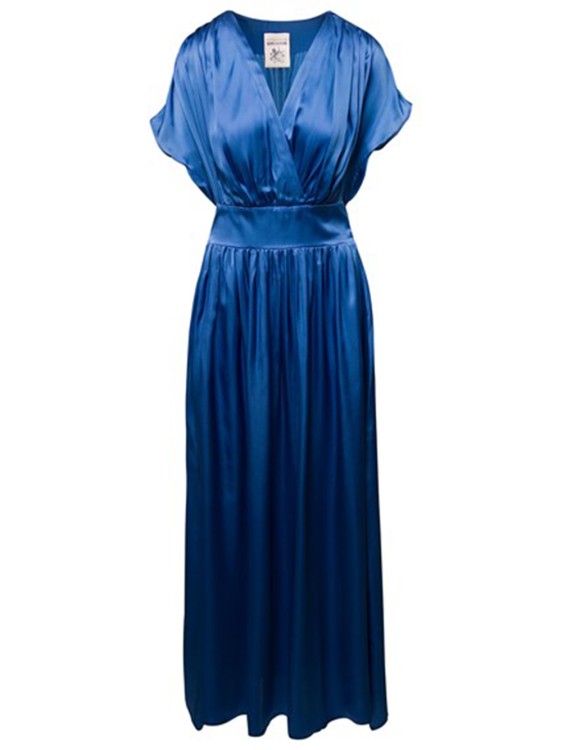 Semi-couture Blue Maxi Dress V-neck Draped Design Satin Finish With Rear Ribbon Fastening In Silk Blend