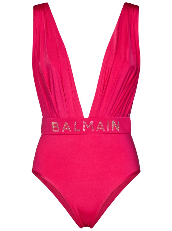 Balmain Draped Fuchsia Lycra One-piece Swimsuit In Pink