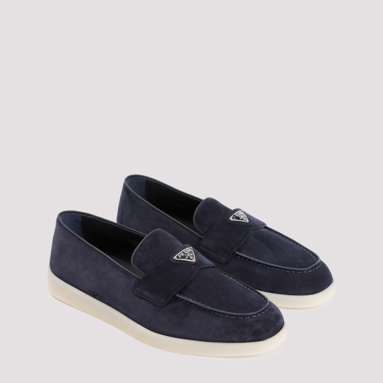 Shop Prada Blue Suede Loafers In Black