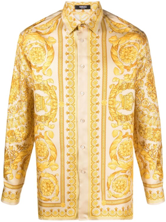 Shop Versace Barocco Silk L/s Beige/yellow Shirt In Neutrals