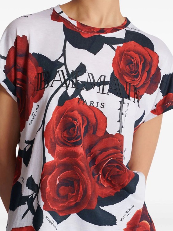 Shop Balmain Roses-print Cotton T-shirt In White