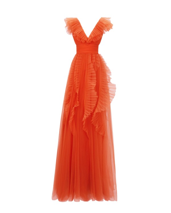 Gemy Maalouf Deep V-neckline Flared Ruffled Dress - Long Dresses In Orange