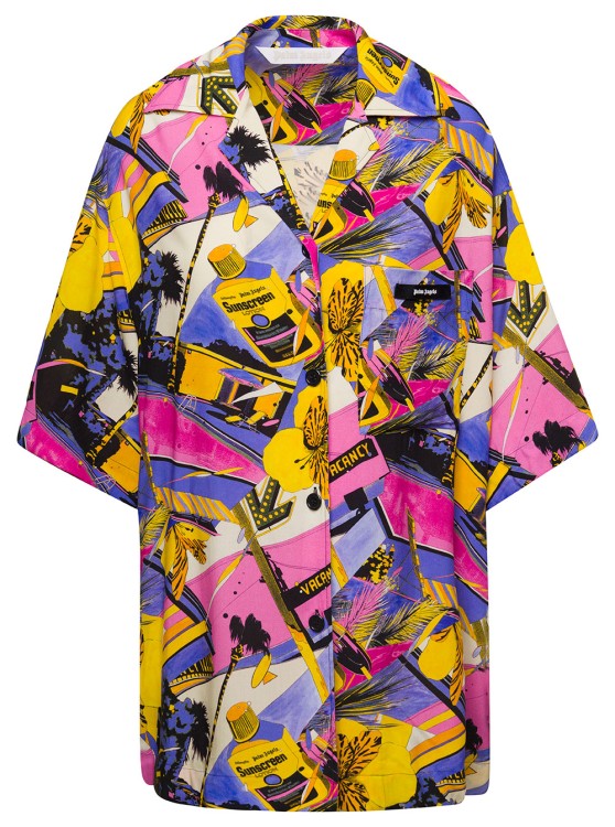 Palm Angels 'miami' Multicolour Bowling Shirt With All-over Graphic Print In Viscose Woman In Pink