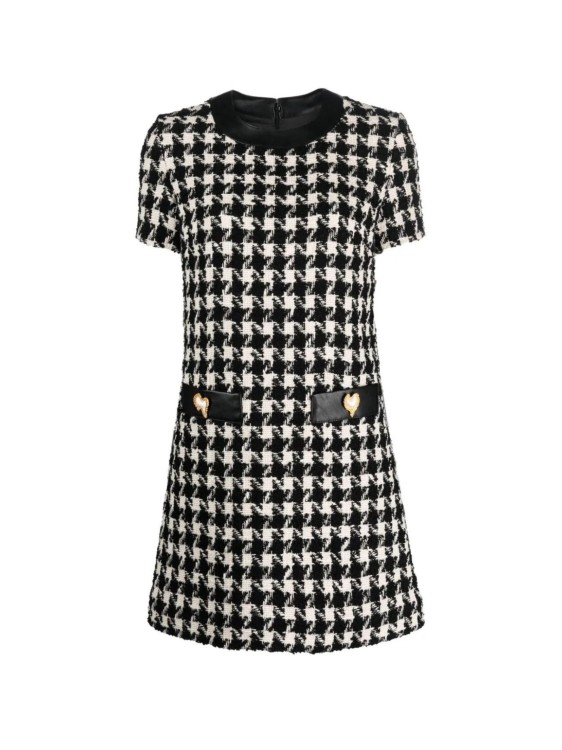 Moschino Button-embellished Houndstooth Wool-blend Tweed Mini Dress In Grey