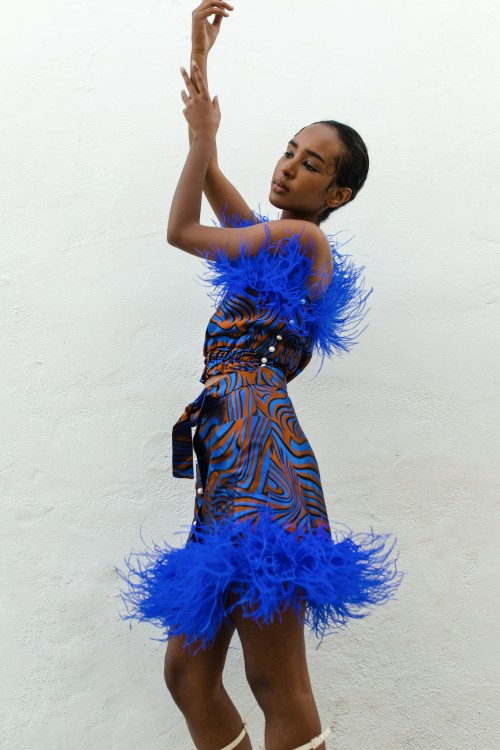 Shop Andreeva Blue Marilyn Skirt With Feathers Details