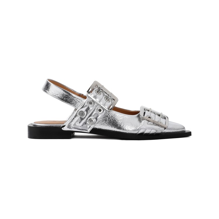 Shop Ganni Feminine Buckle Metallic Silver Polyester Ballerinas In White